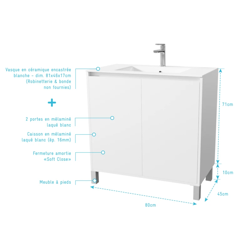 Meuble de salle de bains sur pieds avec 2 portes et vasque
