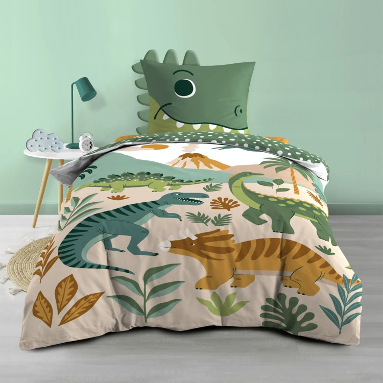 2-teiliges Kinderbettwäscheset aus 100 % Baumwolle mit Dinosaurier-Motiv: Bettbezug + Kissenbezug