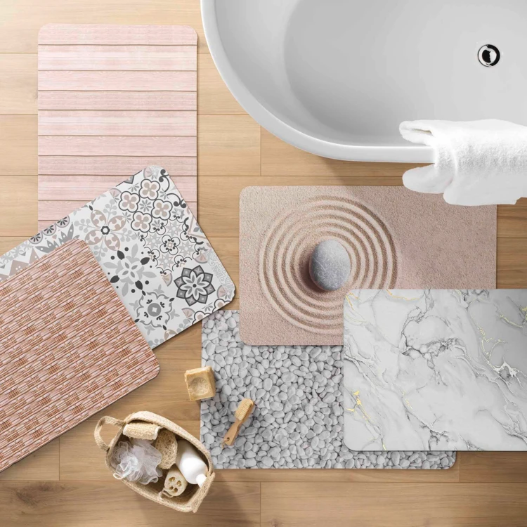 Tapis de bain ultra-absorbant imprimé galet antidérapant