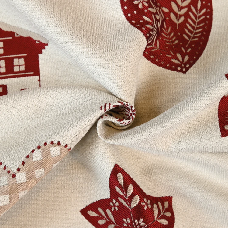 Tissu jacquard d’ameublement avec motifs chalets et cœurs
