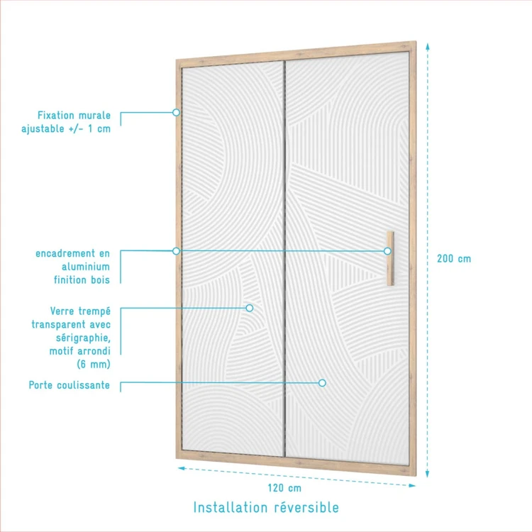 Porte de douche coulissante décor bois verre sérigraphié motif arrondi