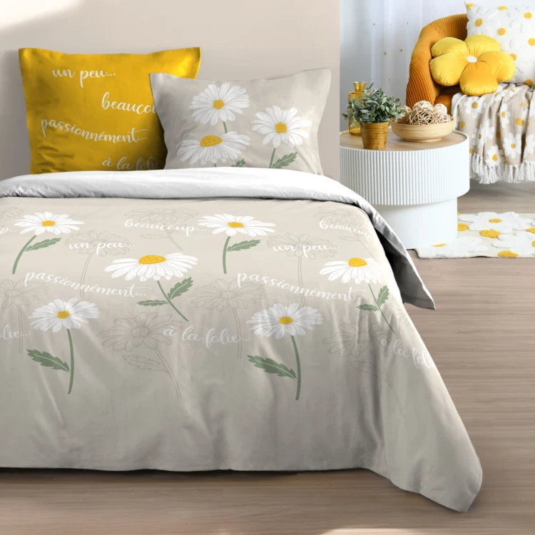 Parure de lit 3 pièces en coton marguerites housse + taies