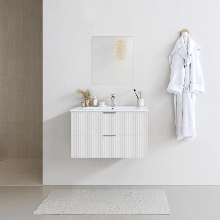 Meuble de salle de bains suspendu texturé 2 tiroirs avec vasque