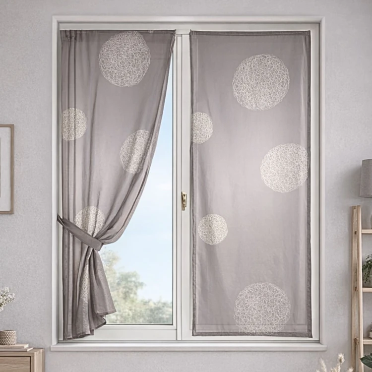 Petit Voilage Taupe Brodé 'Ronds Mêlés'