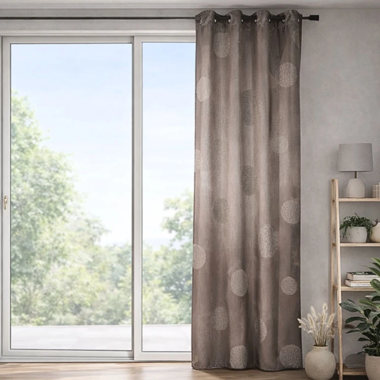 Rideau Taupe en Shantung Brodé 'Ronds Mêlés'