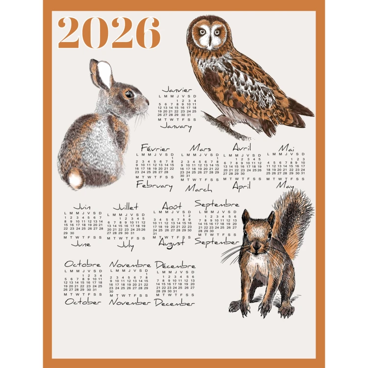 Torchon calendrier 2026 animaux du jardin coton