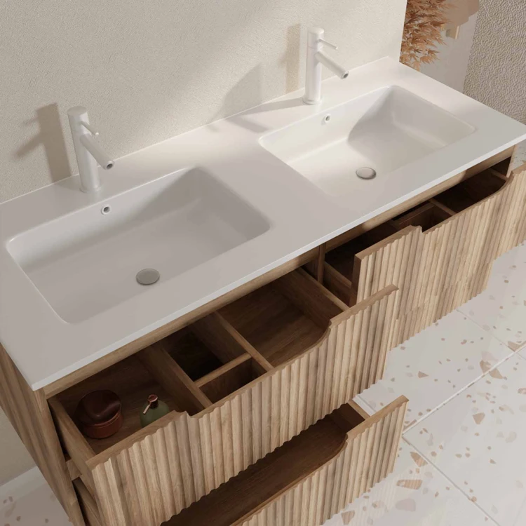 Meuble de salle de bain double vasque encastrée avec façade ondulée et rangements spacieux