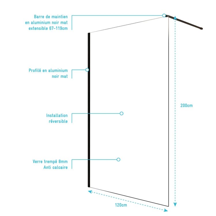 Paroi de douche à l’italienne en verre trempé 8 mm anticalcaire