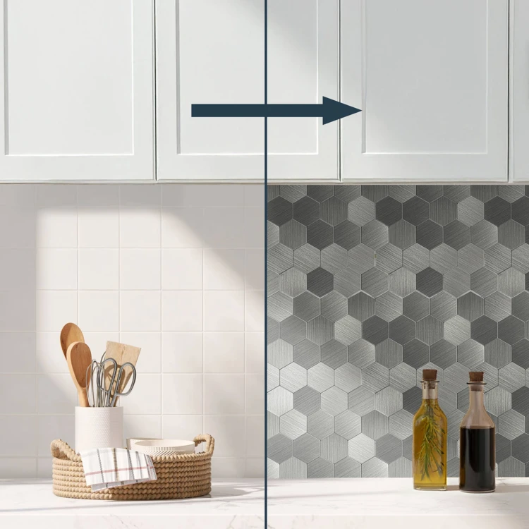 Crédence adhésive murale 3D effet carrelage hexagonal 4 pièces