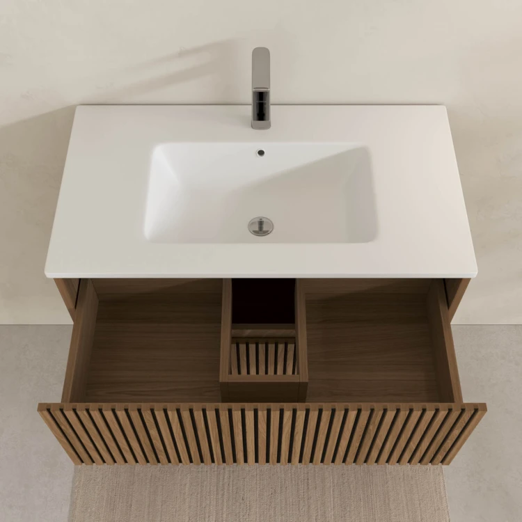 Meuble de salle de bain suspendu avec façade crantée, vasque(s) et miroir(s) LED