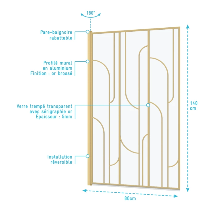Pare-baignoire rabattable en verre trempé sérigraphié Art déco