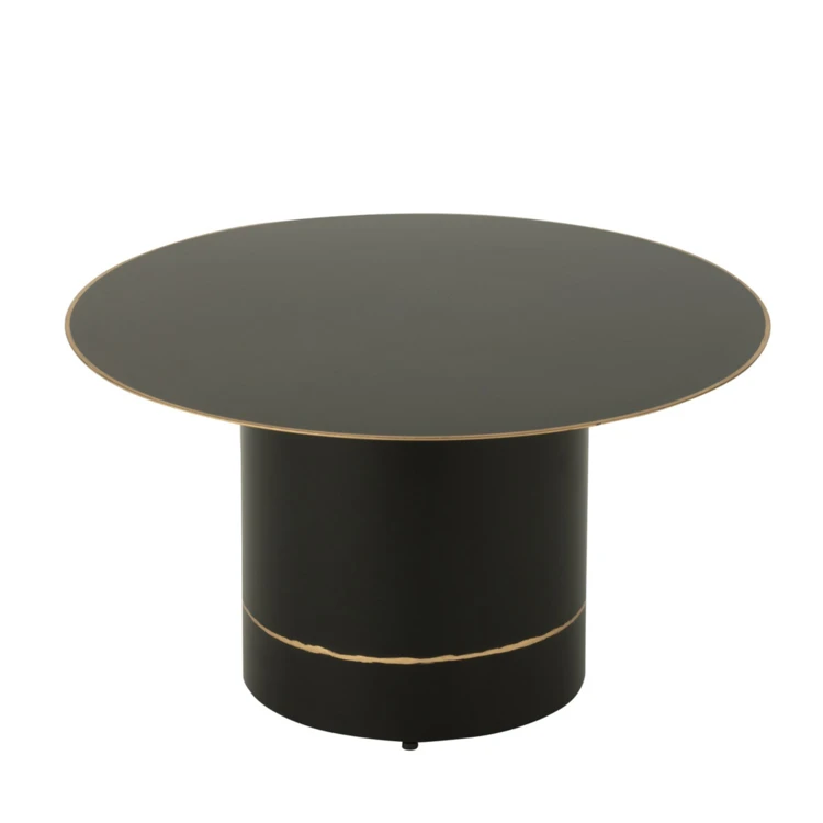 Table basse ronde en fer, base cylindrique à bordure dorée
