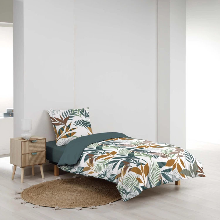 Parure de lit 2 pièces 100% coton à motifs végétaux housse + taie
