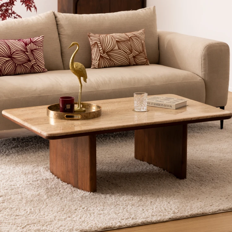 Mesa de centro de travertino con tapa rectangular