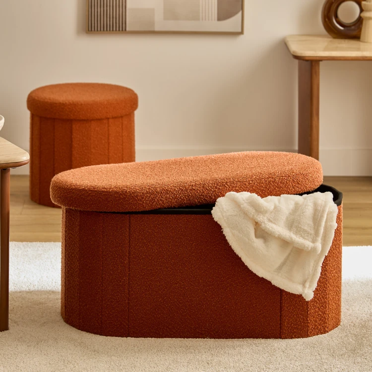 Pouf coffre pliant double en bouclette avec rangement