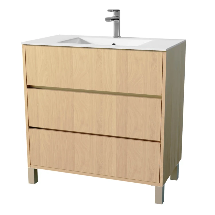 Meuble de salle de bains sur pieds avec 3 tiroirs et vasque en céramique