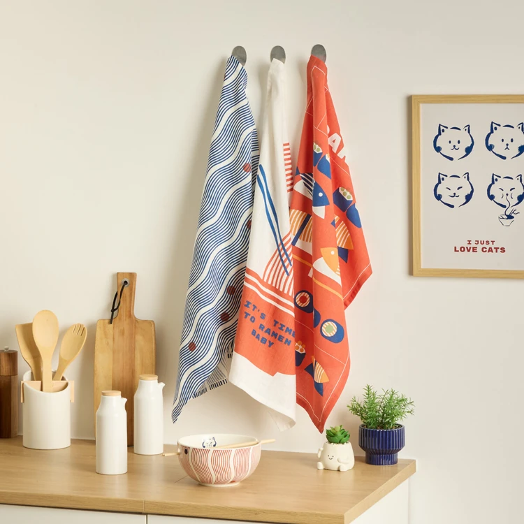 Conjunto de 3 panos de cozinha de algodão estampado