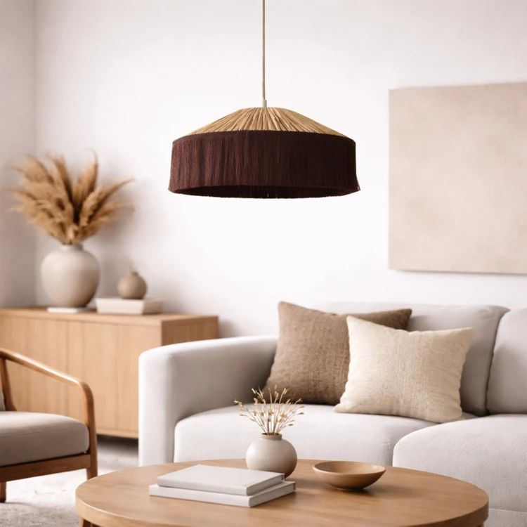 Abat-jour suspension en papier façon raphia et franges