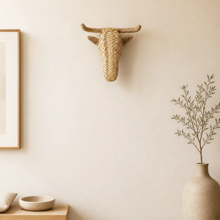 Déco murale petite tête d'élan en paille