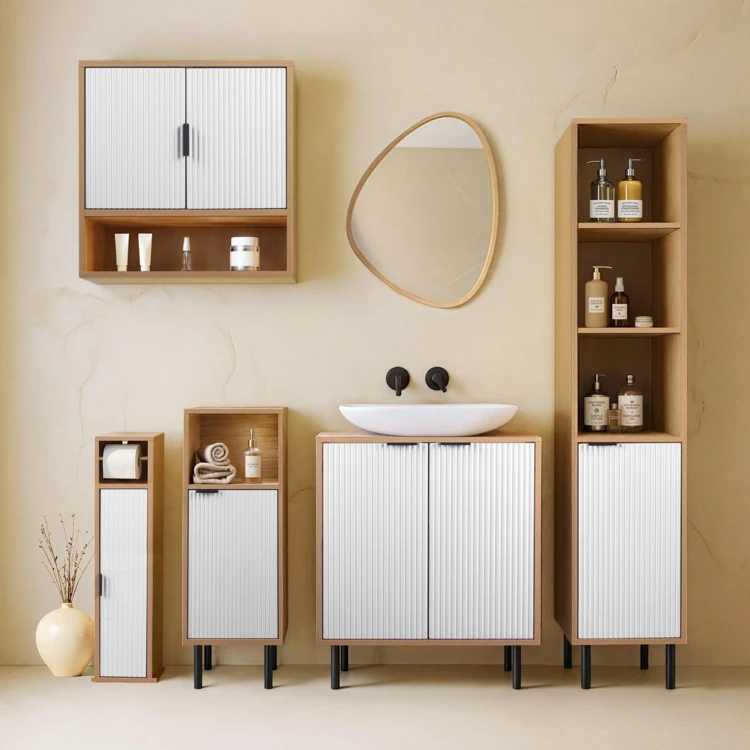 Meuble dérouleur papier WC avec rangement et porte rainurée