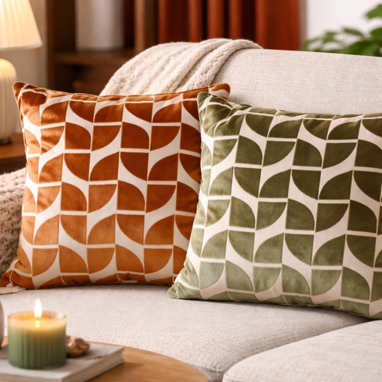 Coussin décoratif carré en velours dévoré à motif géométrique
