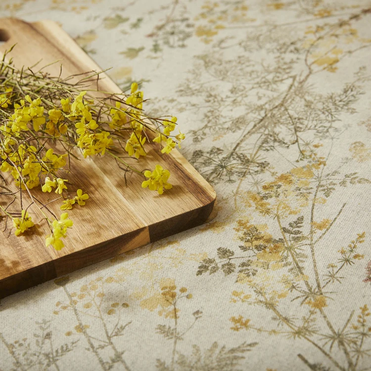 Nappe ronde en polycoton enduit anti-tache motif herbes
