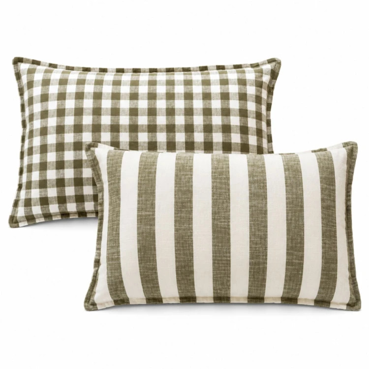 Housse de coussin recto-verso 100% coton rayures et vichy LOURMARIN