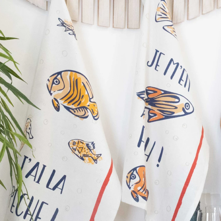 Lot de 3 torchons message poissons en coton