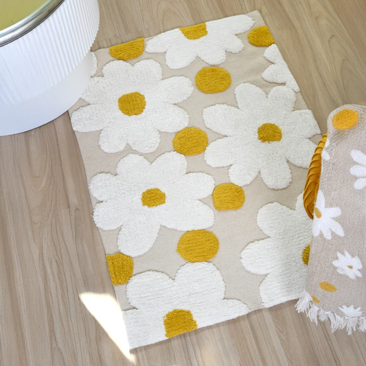 Tapis de salon en coton à motif marguerites en relief