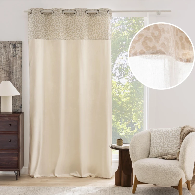 Rideau tamisant en polycoton avec bandeau jacquard chenille léopard