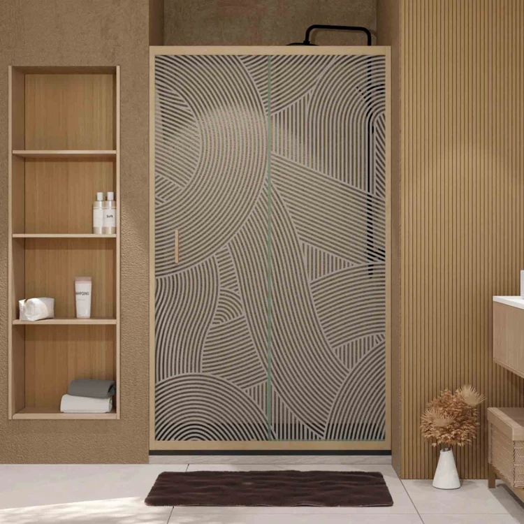 Porte de douche coulissante décor bois verre sérigraphié motif arrondi