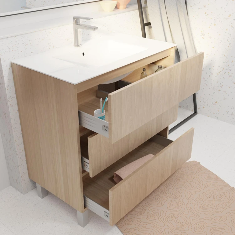 Meuble de salle de bains sur pieds avec 3 tiroirs et vasque en céramique