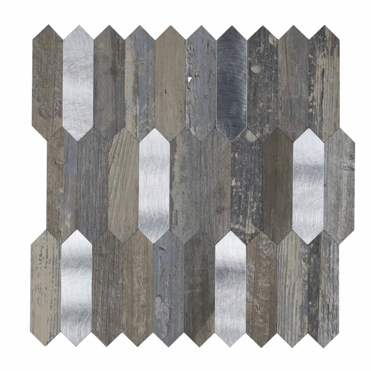 Crédence adhésive murale 3D effet bois et métal 4 pièces