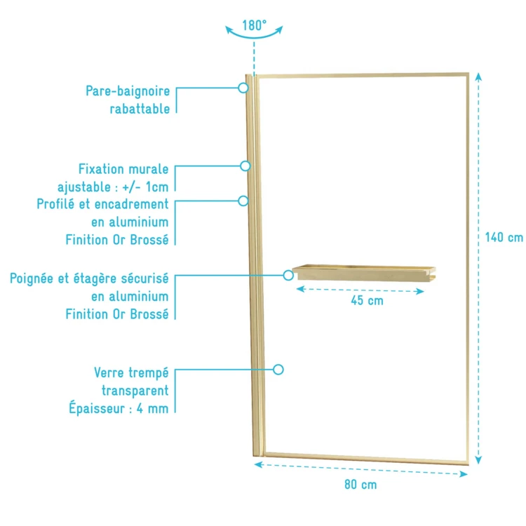 Pare-baignoire rabattable en verre trempé étagère et porte-serviette