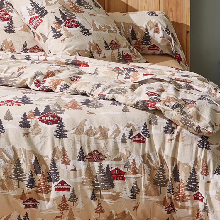 Juego de sábanas de franela de algodón de montaña de 4 piezas con sábanas + fundas de almohada