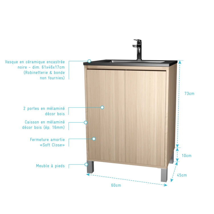 Meuble de salle de bains sur pieds avec 2 portes et vasque