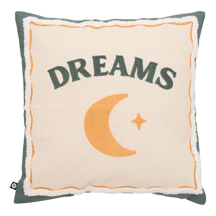 Almofada decorativa de algodão bordada com um motivo de lua e estrela