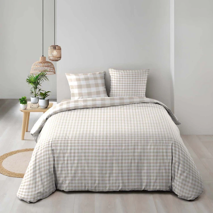 Parure de lit 3 pièces en coton à carreaux housse + taies