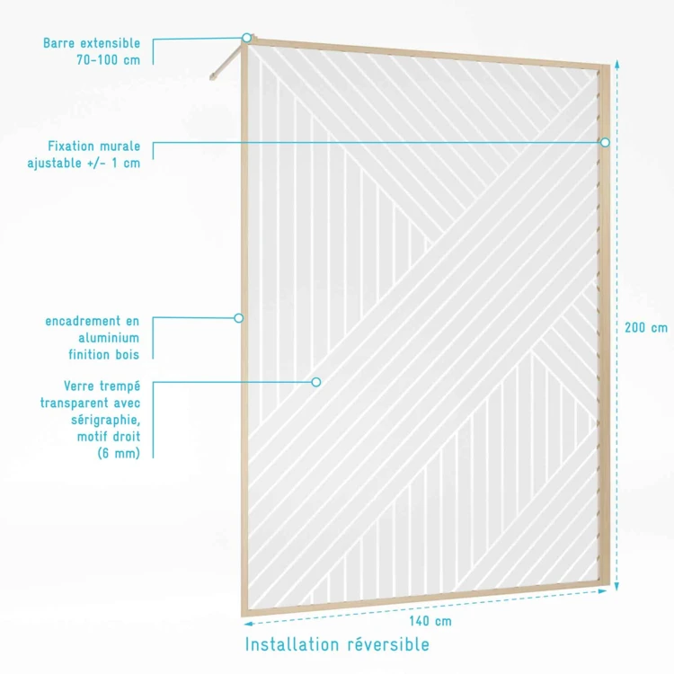 Paroi de douche en verre sérigraphié style Japandi motif géométrique