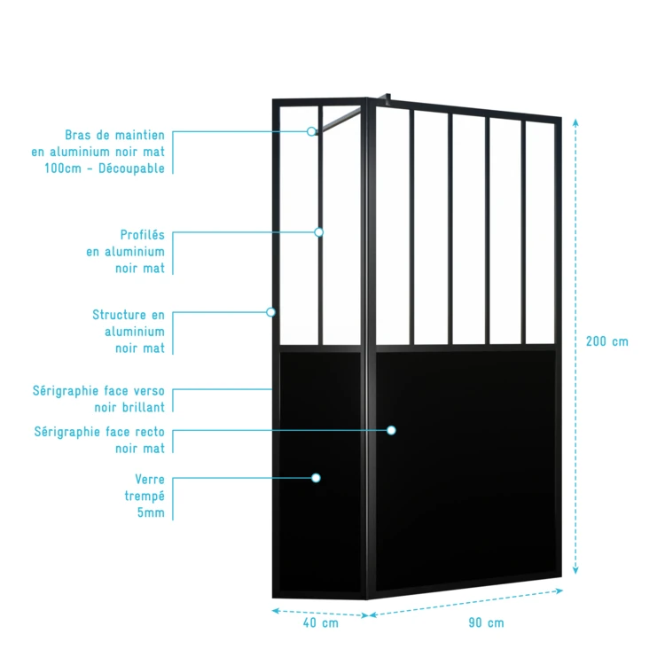 Paroi de douche verrière avec volet pivotant en verre trempé 5 mm