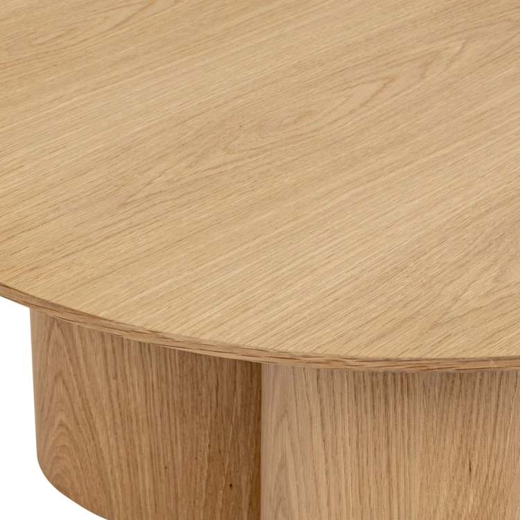 Mesa de centro redonda con aspecto de madera y base cilíndrica