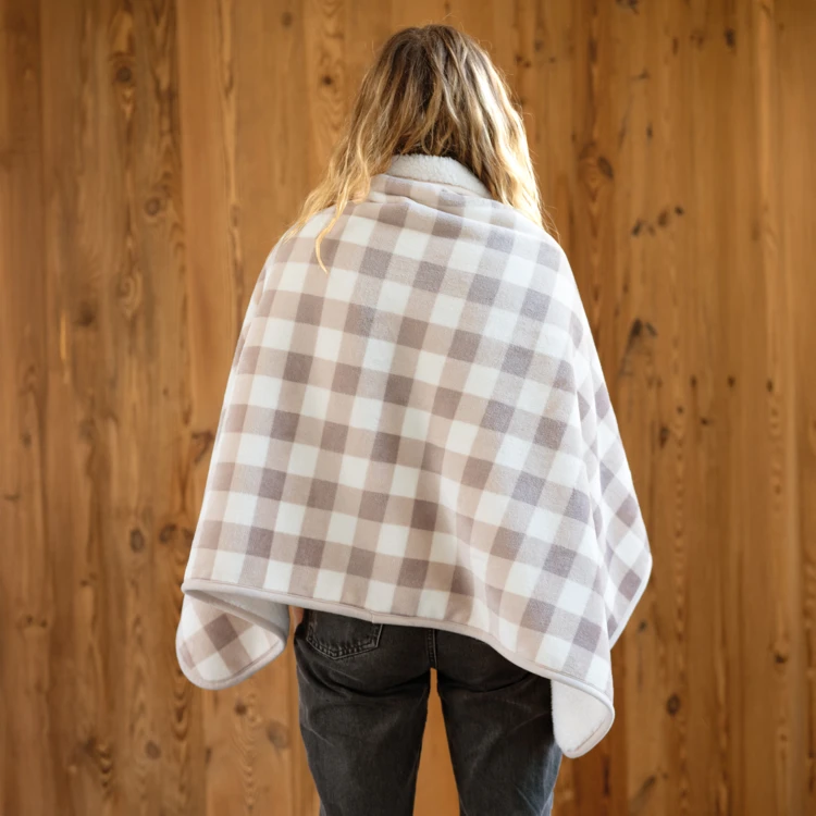 Plaid poncho 2 en 1 polaire avec boutons pression – motif vichy