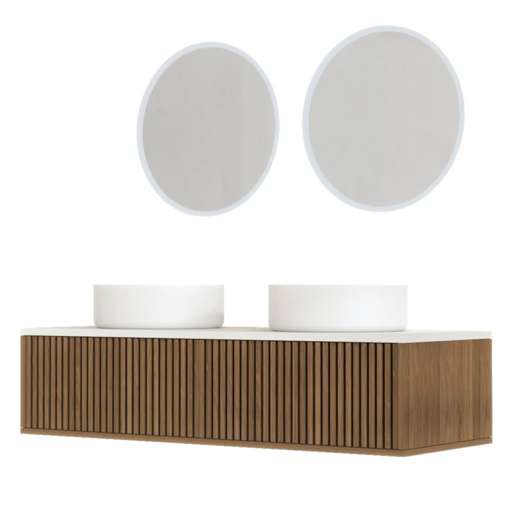 Meuble de salle de bain suspendu avec façade crantée, vasque(s) ronde(s) et miroir(s) LED