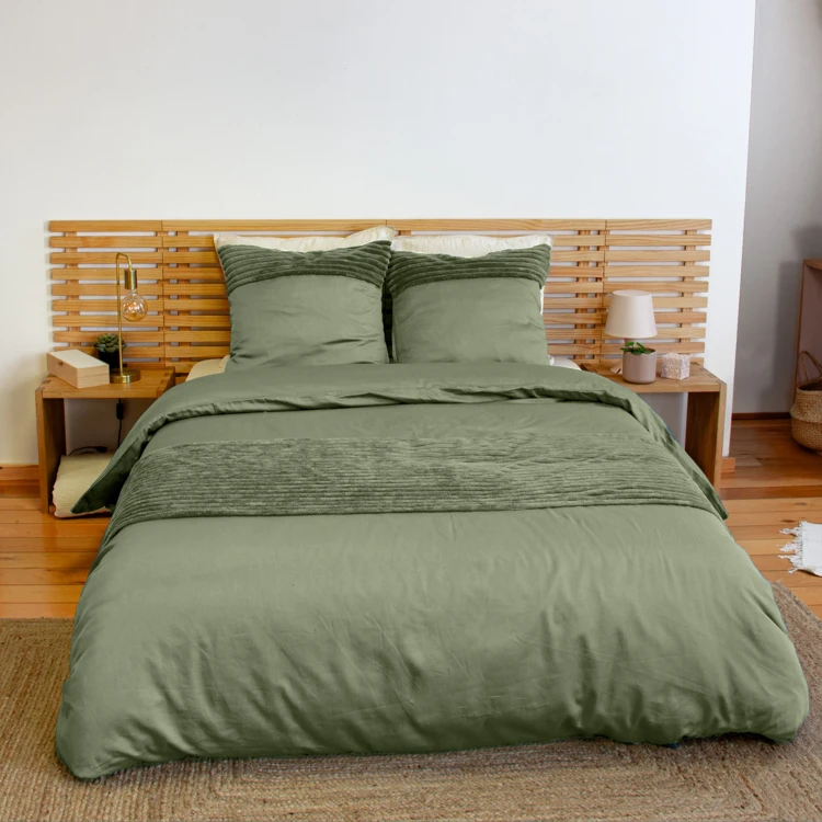 Parure de lit 3 pièces velours bande côtelé housse + taies