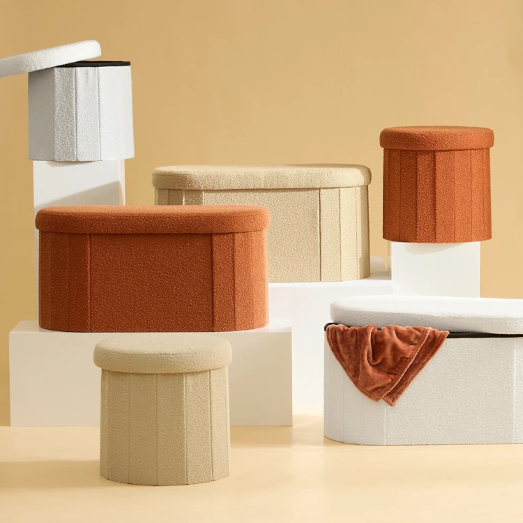 Pouf coffre pliant double en bouclette avec rangement