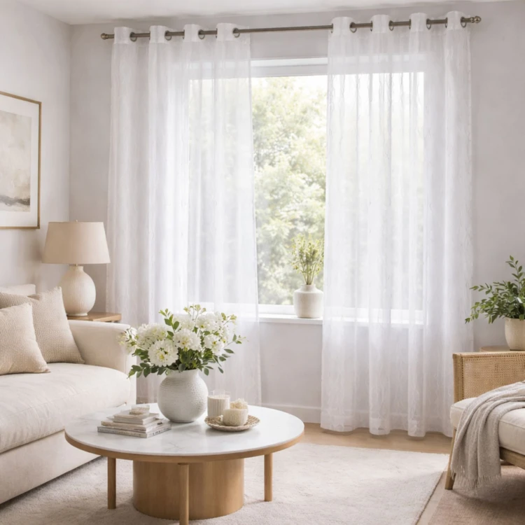 Voilage blanc motifs ondulés brodés