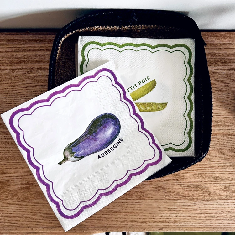 Lot de 20 serviettes en papier motif aubergine et petit pois