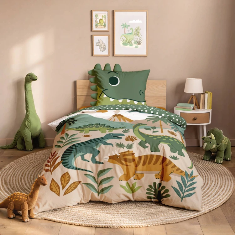 2-teiliges Kinderbettwäscheset aus 100 % Baumwolle mit Dinosaurier-Motiv: Bettbezug + Kissenbezug
