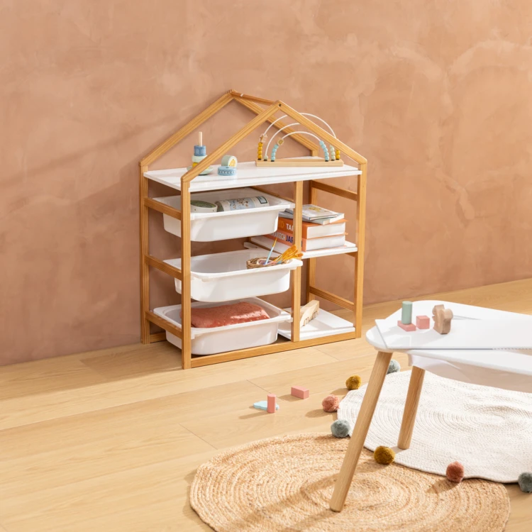 Estantería infantil con forma de casa y 3 cajas de almacenamiento
