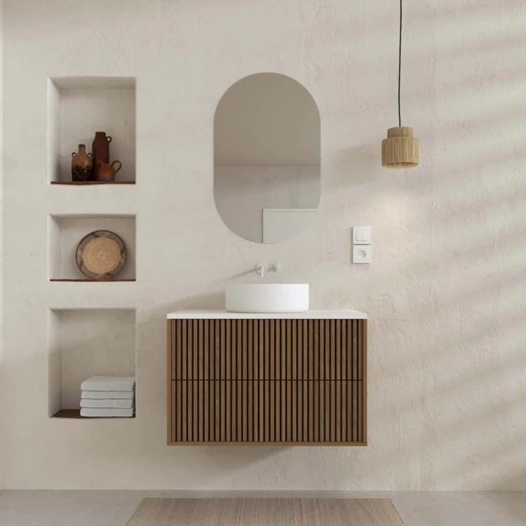Meuble de salle de bain suspendu avec façade crantée, vasque(s) ronde(s) et miroir(s) ovales